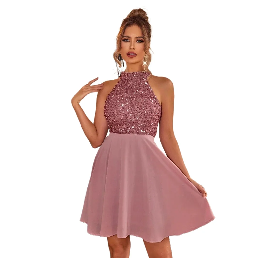 

Sexy Halter Backless Sequined Short Party Dress