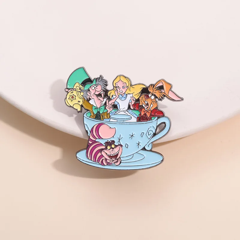 Disney Movie Alice in Wonderland Cup Brooch Enamel Pin Metal Badges for Fans Collection Gifts