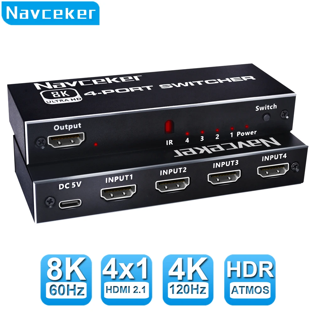 

Селектор переключателя Navceker 8K HDMI 2,1 4K 120 Гц HD Переключатель HDMI Сплиттер 4 в 1 выход 3 в 1 для ноутбука ПК переключатель ТВ приставки PS5