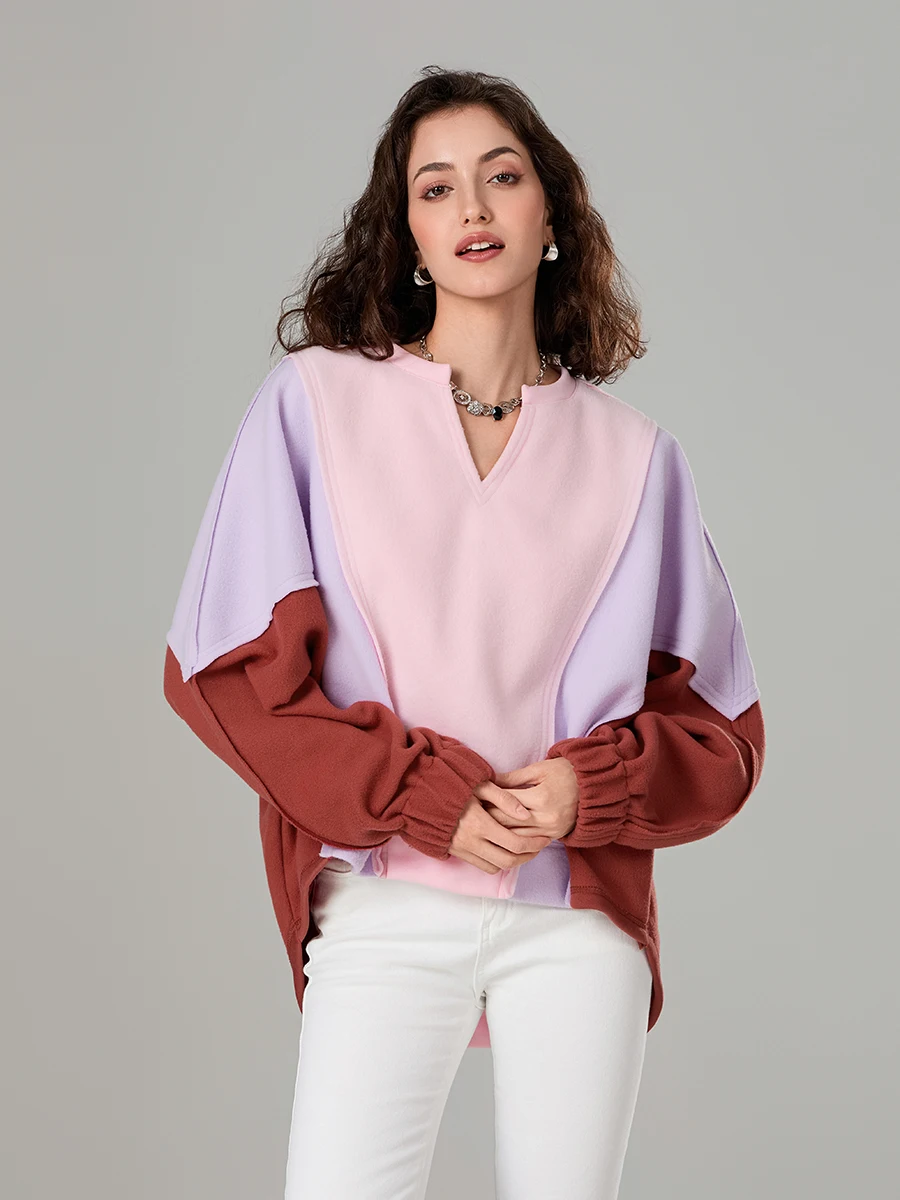 Women s Loose Sweatshirts Patchwork V-Neck Long Sleeve Pullovers Fall Winter Casual Tops