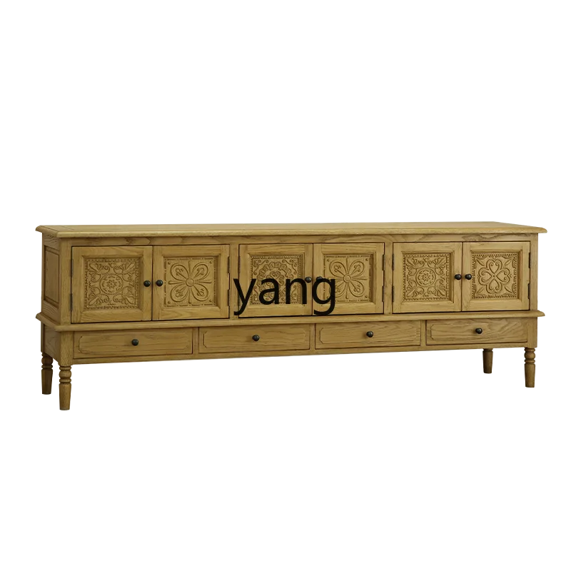 

LTT retro pastoral solid wood carving flower TV cabinet combination wabi sandy wind living room long floor cabinet storage