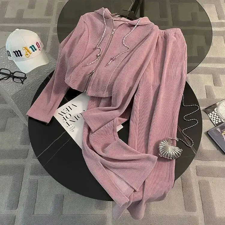 Corea Chic reducción de edad traje con cordones Sudadera con capucha estilo occidental Casual ventilación cintura alta pantalones de pierna ancha conjunto dulce pantalón