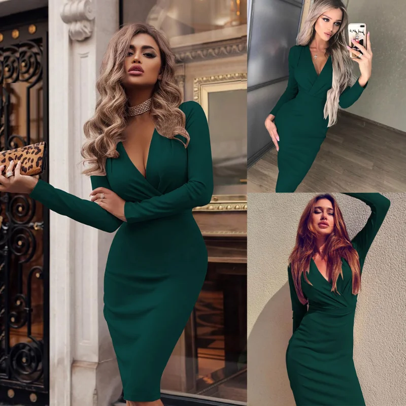 2023 Fashion Women Summer Long Sleeve Bandage Stretch Bodycon Plain Deep V Evening Party Short Dress Beige Black Green Red Hot