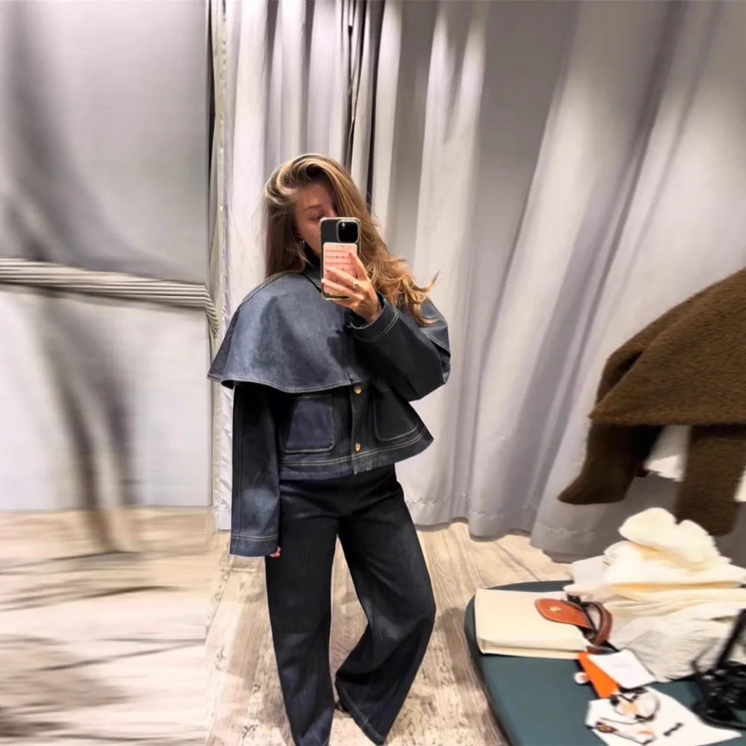 2025 Autumn Winter New Vintage Dark Blue Denim Long Sleeve Jacket Women Loose Multi Pocket Casual Versatile Top