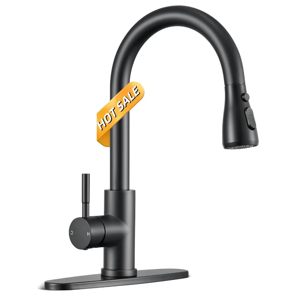 

Black Kitchen Faucet with Pull Down Spray Stainless Steel Sink Mixer Tap w/Plate