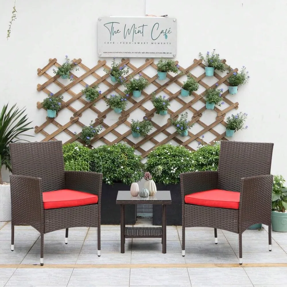 Outdoor Patio Furniture Set of 3 Brown Wicker Conversation Set with 2 Rattan Chairs and Tempered Glass Coffee Table, Red Cushions for Backyard Garden Porch Poolside Balcony Courtyard Coffee Bar