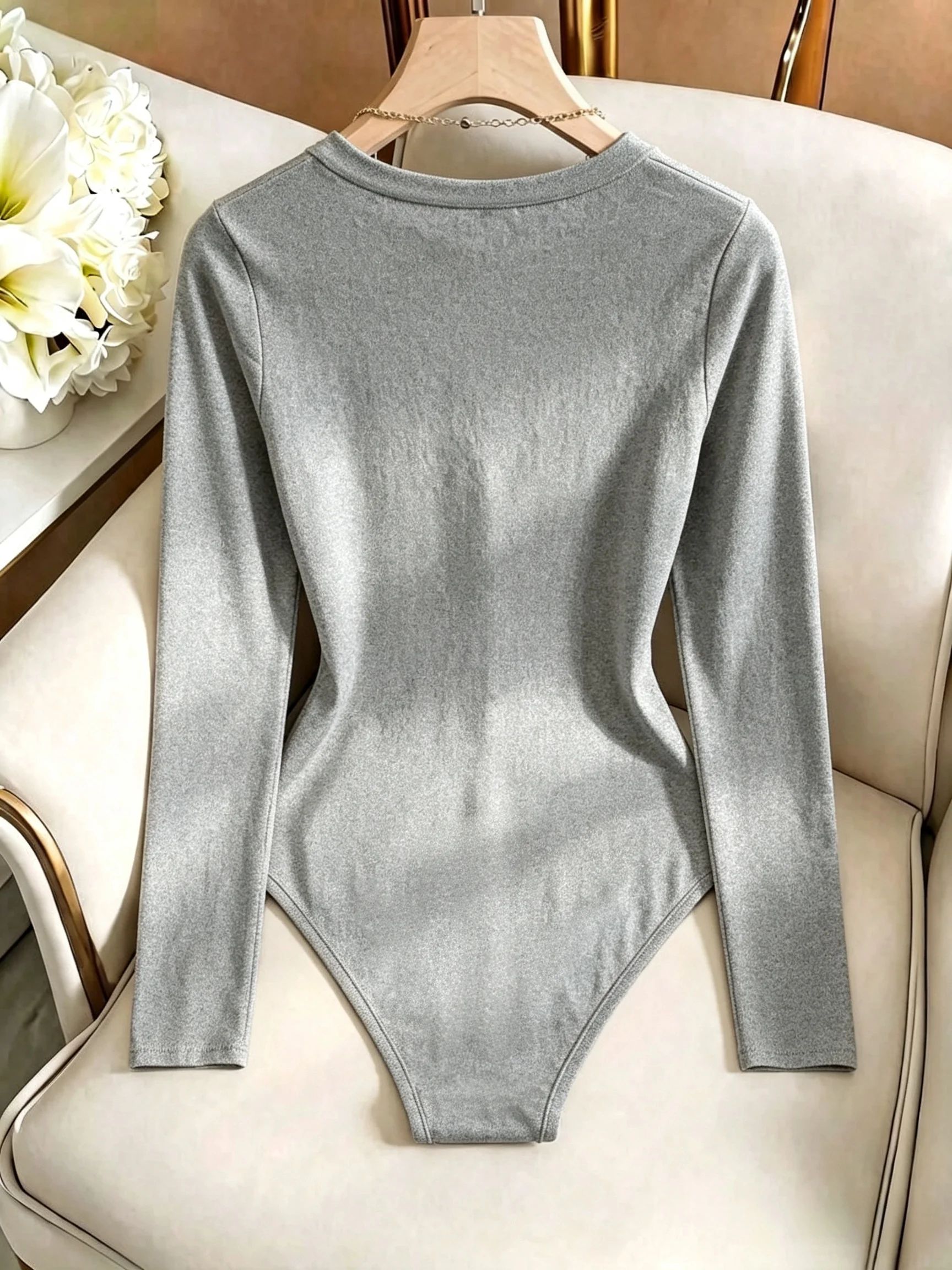 Damen-Body mit Rundhalsausschnitt und langen Ärmeln, hoch geschnitten, schmal geschnitten, figurbetont, Y2K, sexy, lässig, Basic, einteiliges Oberteil – Detail 34
