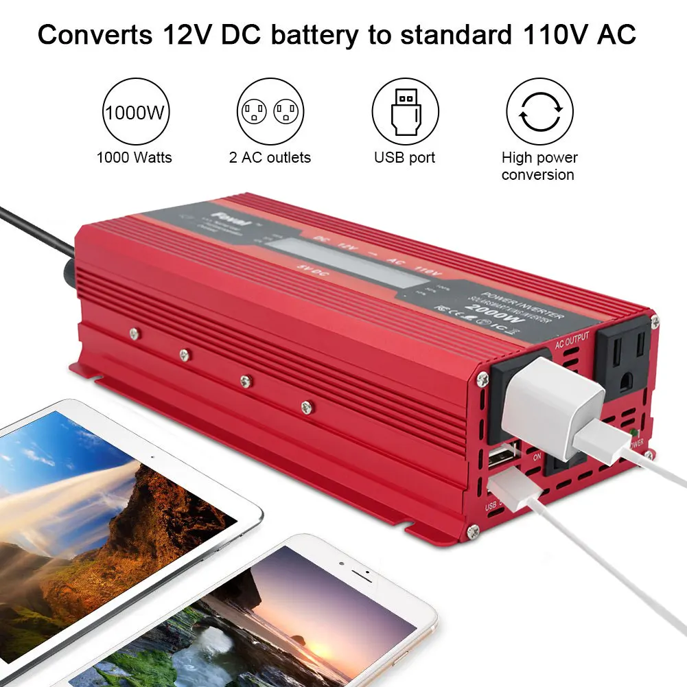 Inverter per auto convertitori di potenza usa multifunzionali portatili da Dc 12V a 110V per Tablet telefono potenza continua 750W/1000W/1300W