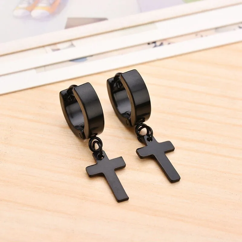 Men's Black/silver Cross Non Allergic Ear Buckle Punk Stainless Steel Earrings New