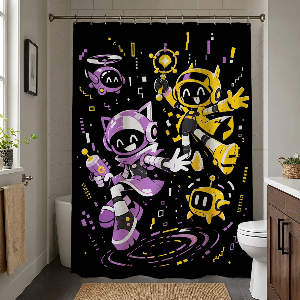 Fun Retro Arcade Characters Shower Curtain Pop Art Geeky Bathroom Decor Novelty Shower Curtain