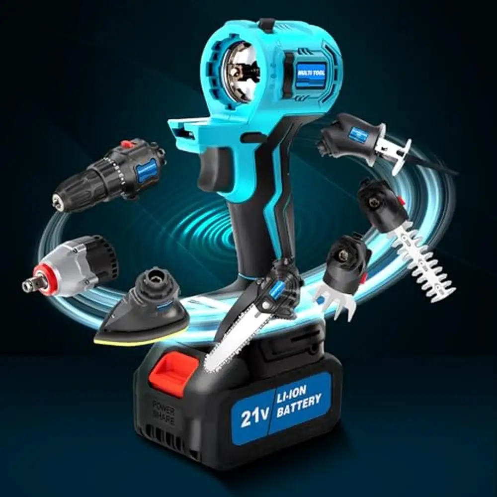 21V Cordless 8-in-1 Multi-Tool Power Unit Kit with Variable Speed Drill Impact Wrench Sander Saw Hedge Trimmer Mower Brushless