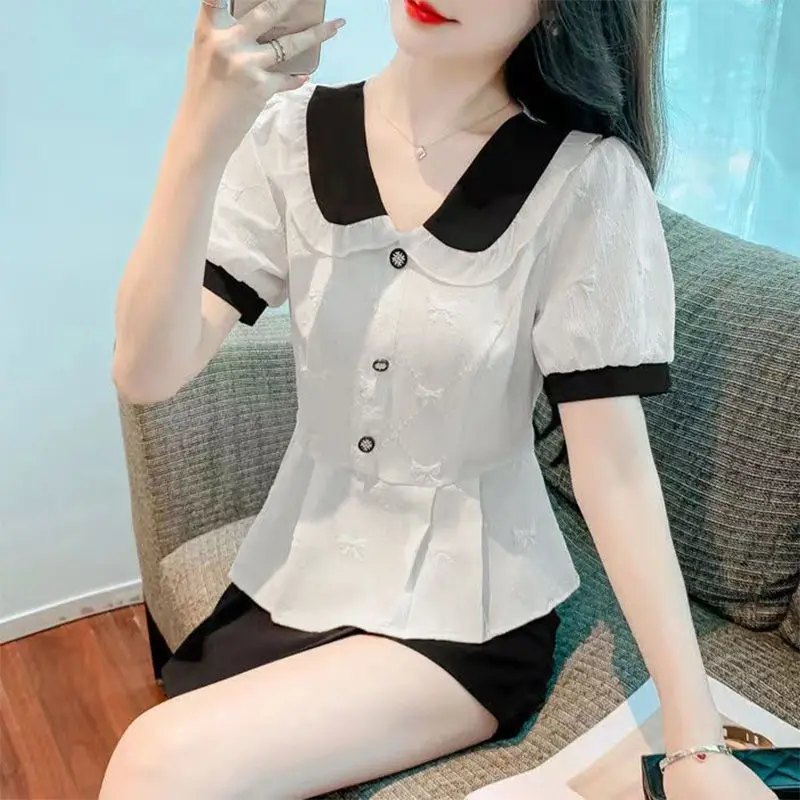 Sweet Peter Pan Collar Folds Puff Sleeve Blouses Female Clothing 2024 Summer New Loose Casual Short Sleeve Tops Korean Shirts