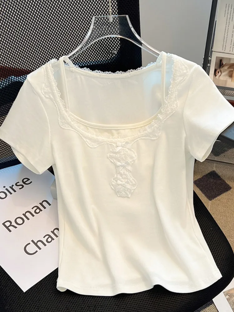 Cseta de Manga Corta con Lazo de Mariposa de Encaje para Mujer, Corte Ajustado, Estilo Corto, Parte Superior, Nueva Colecc...
