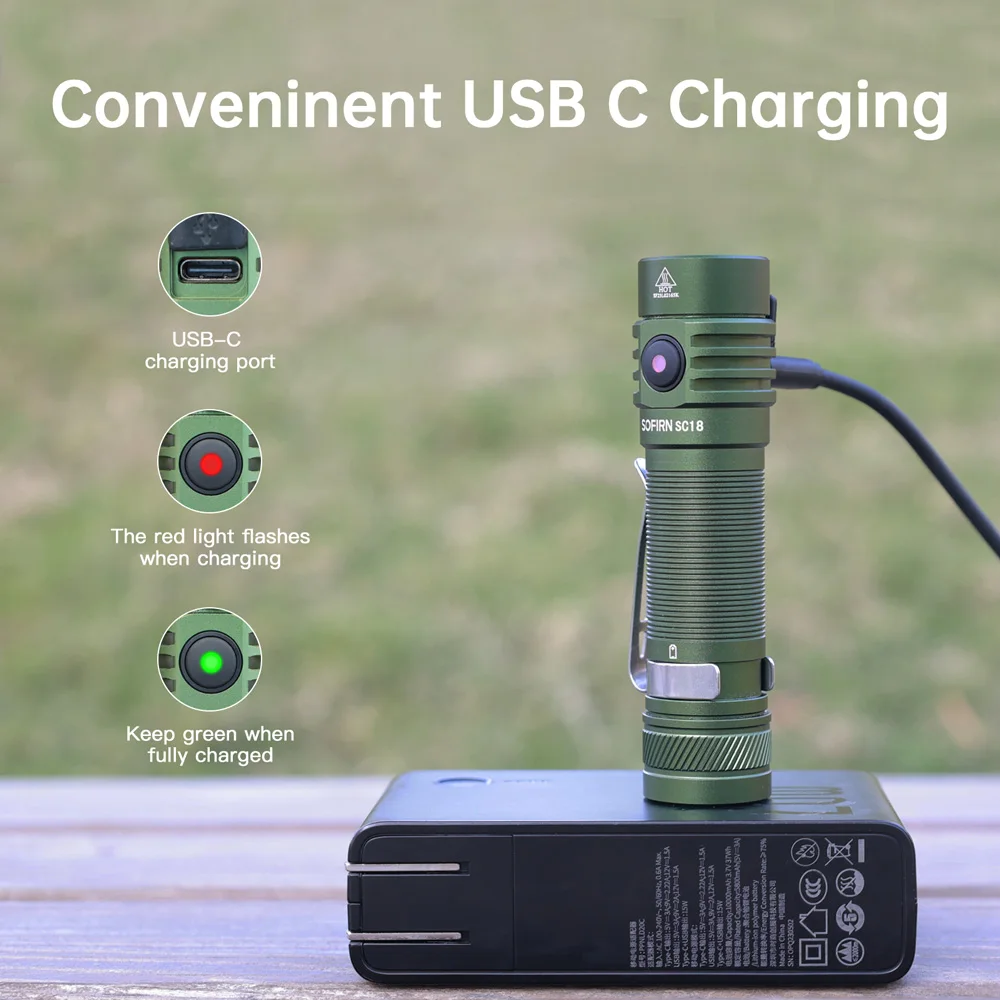 Sofirn-LED懐中電灯,電源インジケーター付き,充電式トーチ,USB c,ティアアクリートレンズ,18650,edc,sc18,sst40,18650