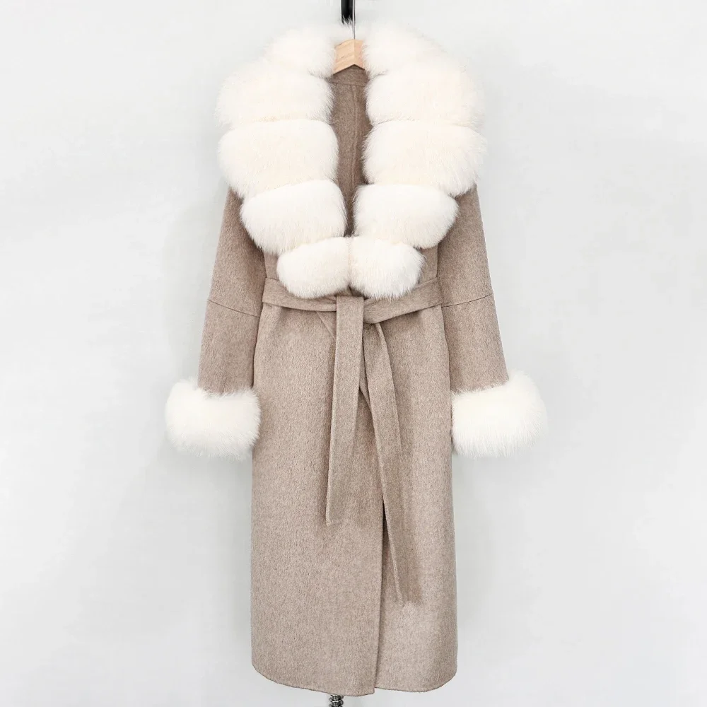 سترة طويلة كبيرة من فرو الثعلب الحقيقي سترة نسائية أنيقة دافئة من الصوف ملابس علوية معطف صوف أنيق أصفاد للخريف والربيع للنساء #5