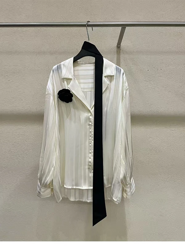 

Ele Floral Pin irt Women's Striped Tie Design Spring 2026 Faionable Straight Cut Long Sve Button up Casual Wear