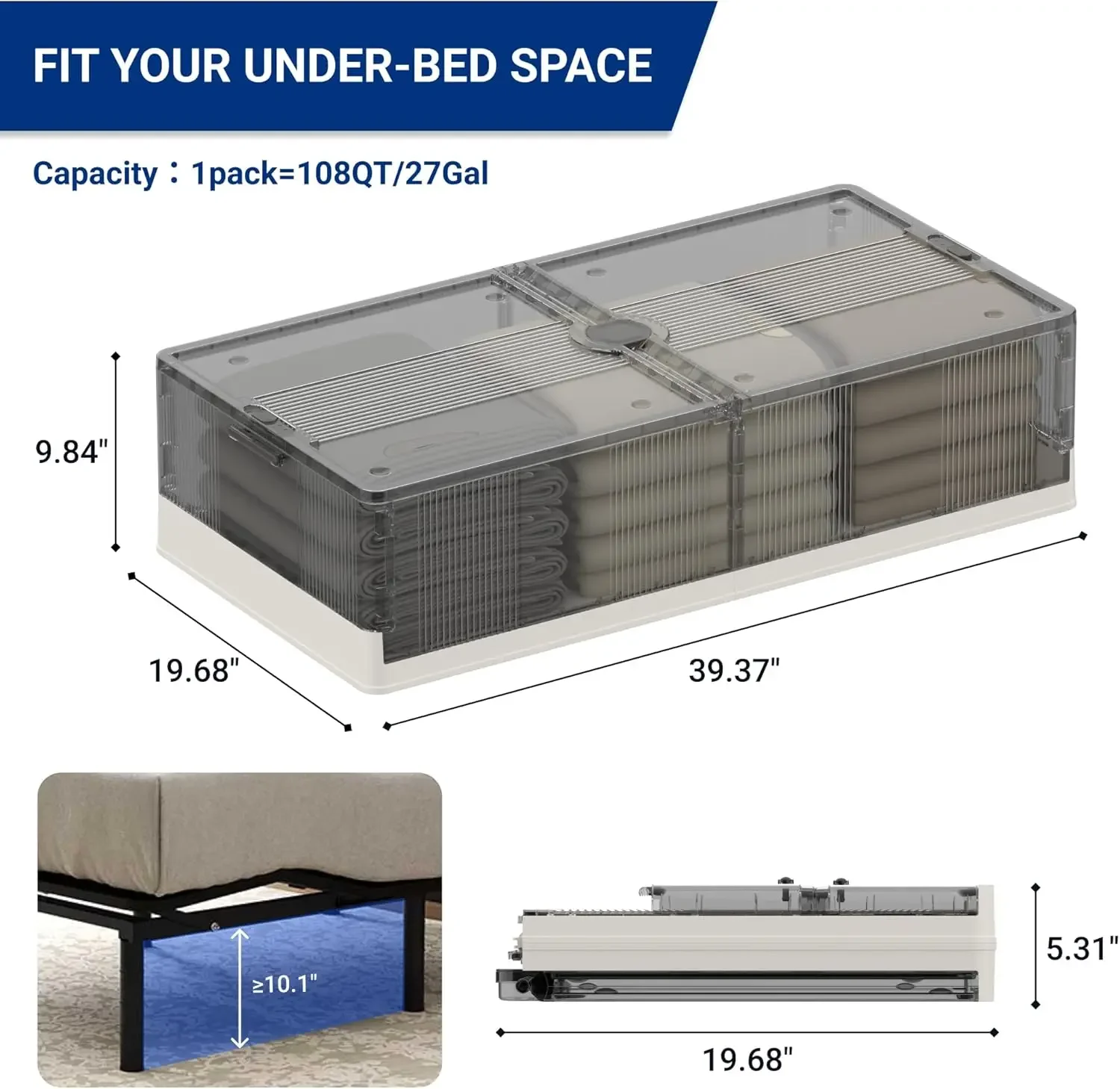 3 Pack Under Bed Storage with Wheels,108 QT Foldable Underbed Storage Containers,Collapsible Containers Stackable Under bed