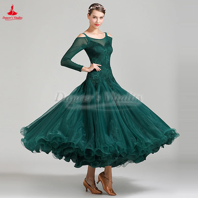 

Стандартные платья для социальных танцев, черновато-зеленые, большие свободные платья для женщин и взрослых, вальс, фокстрот, танго, квикстеп, профессиональная одежда для соревнований