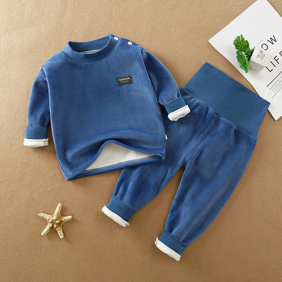 Kid Unisex High Neck Fleece-lined Top High Waist Pants Set Small Black Patch Ideal for Children Two Piece Set Baby Daily Wear