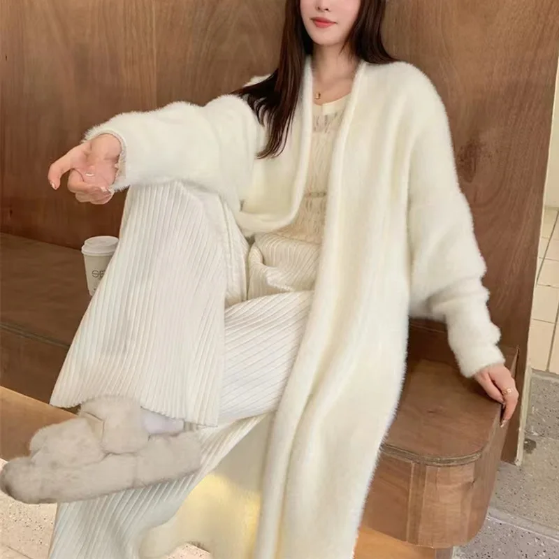 Mink-like Wool Long below Knee Sweater Cardigan Women Autumn and Winter New Lazy Wind Loose Knitted Coat Women