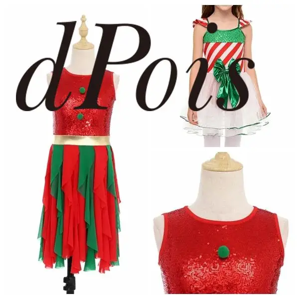

Kids Girls Ballet Skating Christmas Dress New Year Costume Sequin Carnival Party Dress Festival Cosplay Santa Festival Dancewear