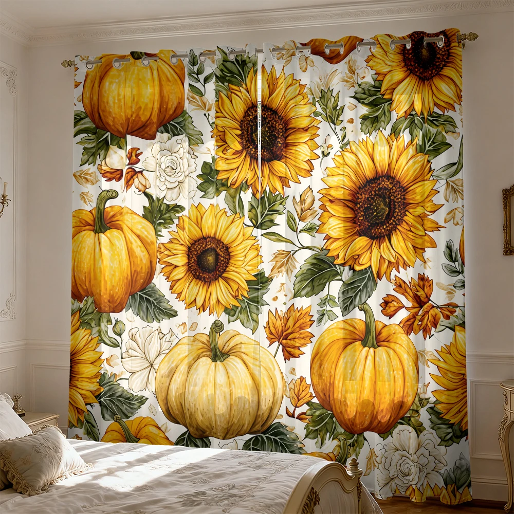 2pcs sunflower, pumpkin, autumn leaf printed blackout curtains for living rooms bedrooms