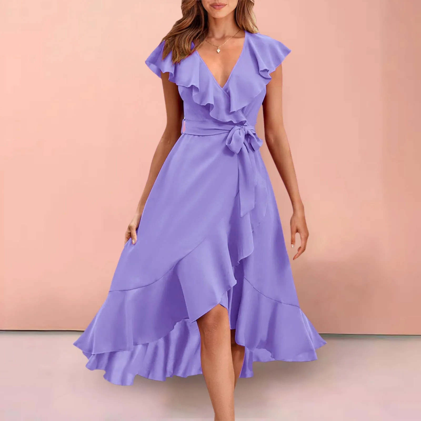 

Women'S Ruffles Elegant Dress Deep V-Neck Sleeveless Solid Midi Dresses Split Hem Slim Vestidos Party Prom Evening Long Dress