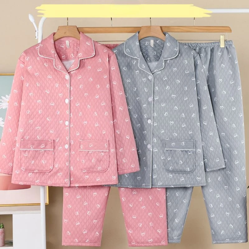 Pijamas de algodón de tres capas para mujer, ropa de dormir cálida de manga larga, traje de estar por casa para otoño e invierno, novedad de 2024