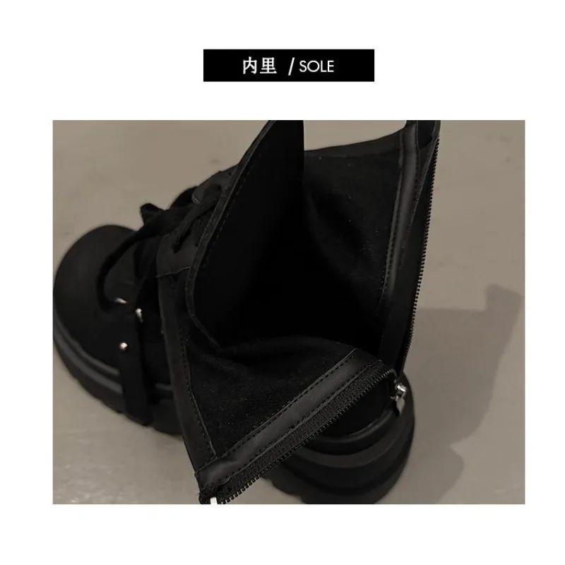 Schwarze Plateau-Stiefeletten im Workwear-Stil mit Schnalle für Damen, Schnür-Flatform-Stiefeletten, Petite, Herbst/Winter, lässig, schlankmachend, für den täglichen Gebrauch und den Weg zur Arbeit – Detail 4