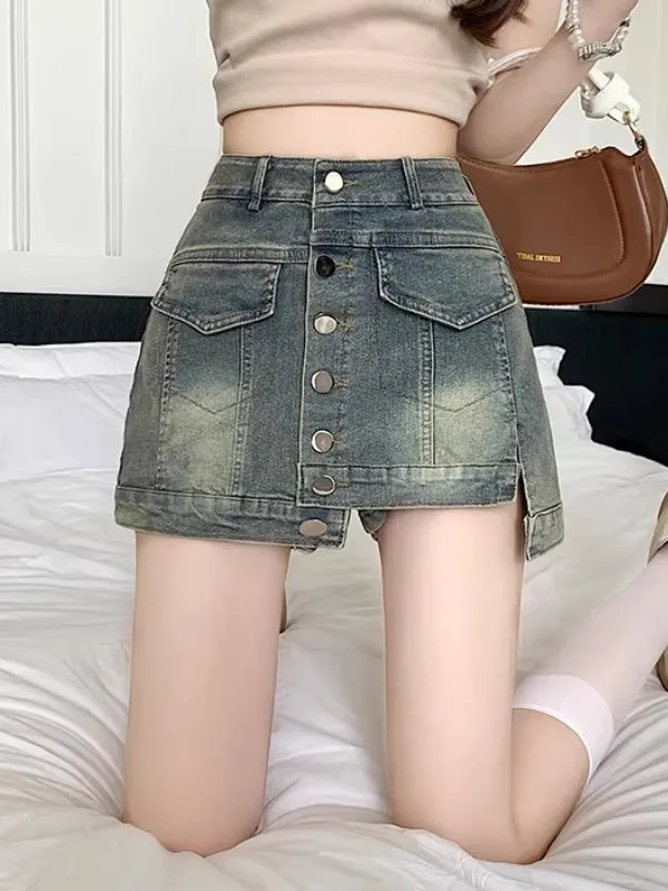 

Ретро-джинсовая юбка-шорты в американском стиле для женщин, весна-лето, тонкий дизайн, высокая талия, асимметричная, А-силуэт, широкие штанины, хит продаж