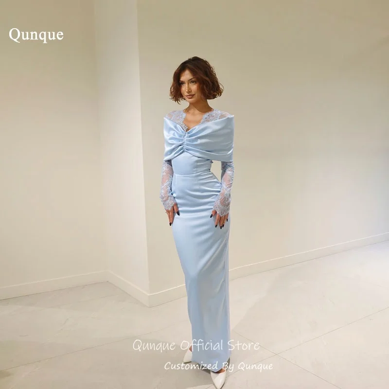 

Qunque Sky Blue Long Lace Sleeves Evening Dresses Satin Mermaid Prom Gowns 2026 Delicate Women شارون سعيد فساتين