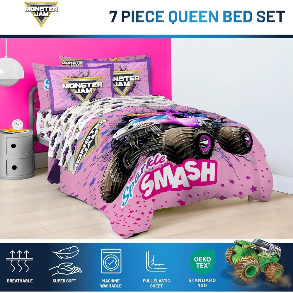 モンスタージャム ピンク 7点クイーン寝具セット シーツと枕カバー付きで快適でスタイリッシュな睡眠を実現