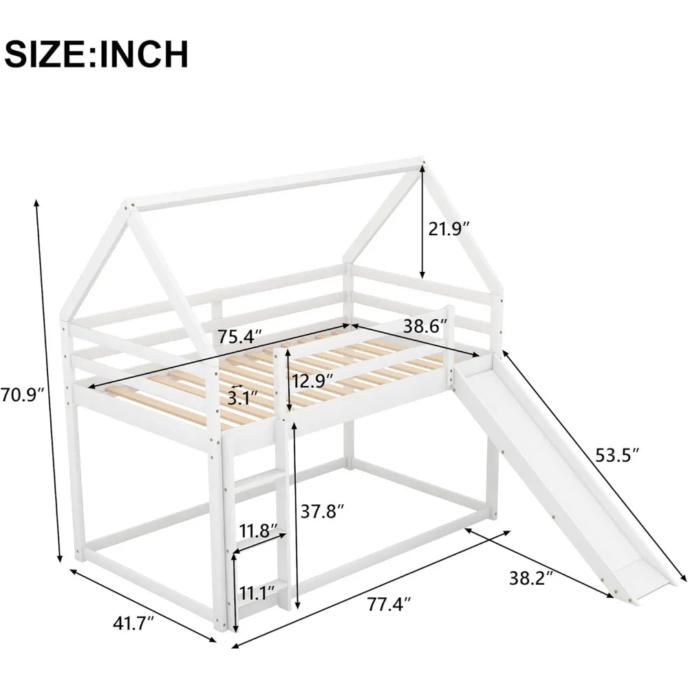 Twin-Etagenbetten für Kinder, Holzhaus-Etagenbett Twin Over Twin, Kinder-Etagenbett mit Rutsche und Dach für Mädchen und Jungen, Weiß