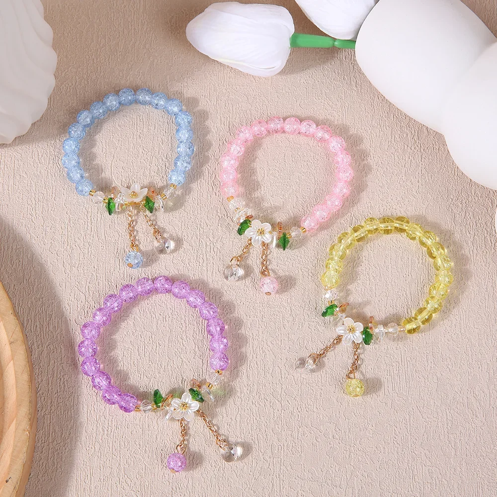 Bracelet élastique en perles multicolores rose, fait à la main, bijoux à la mode, perles bleu clair, fleur, feuille, breloque, extensible, pour filles