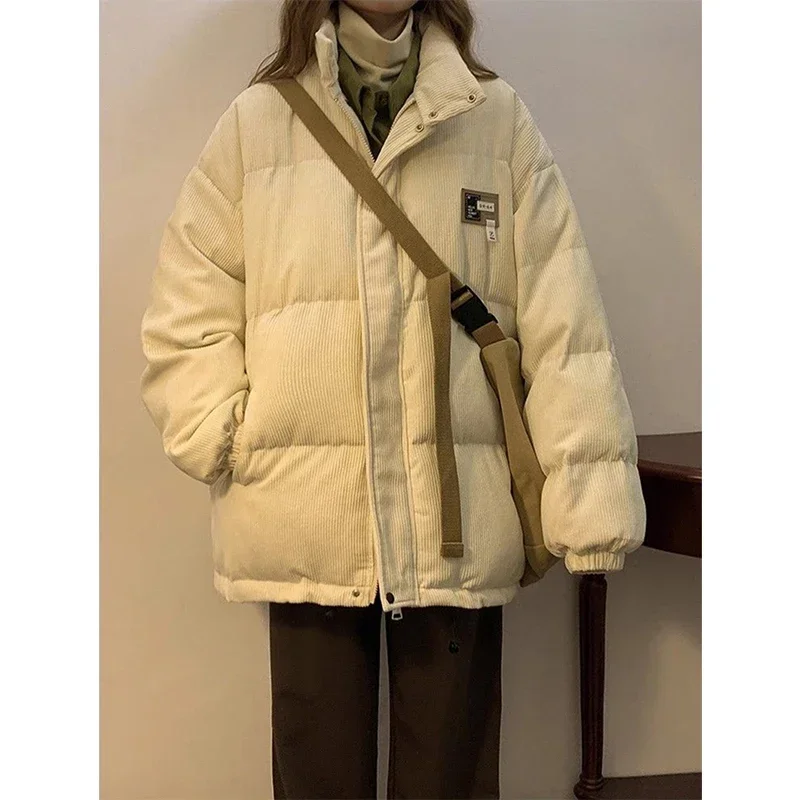 Corduroy Parkas Women Oversized Down Coats Winter Streetwear Thick Warm Puffer Jacket Korean Pockets Cotton Padded Outerwear New