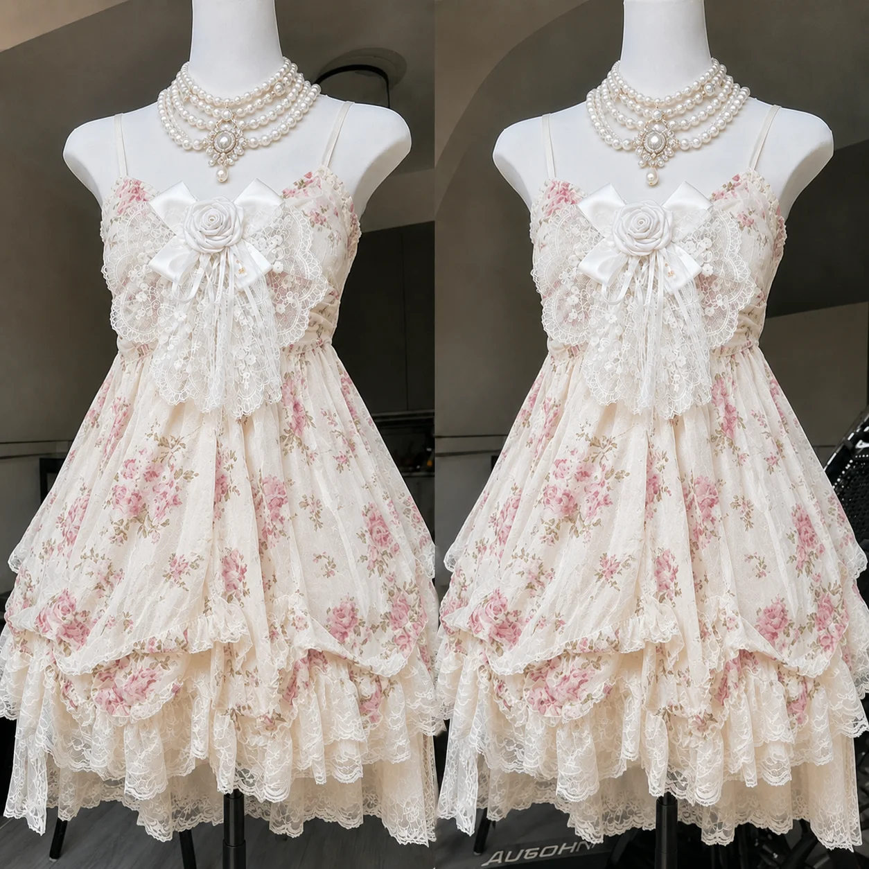 Süßes Vintage-Lolita-Kleid-Set für Damen, Y2K Spaghetti-Träger-Minikleid, Niedliches Mädchen-Alltagskleid, Lässiges Spitzenkleid-Outfit, Neu