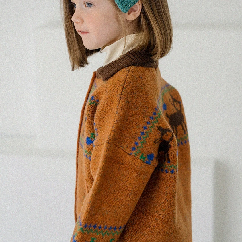 Children's Clothing Autumn Retro Knitted Sweater Girl's Ginger Deer Knitted Cardigan 2023