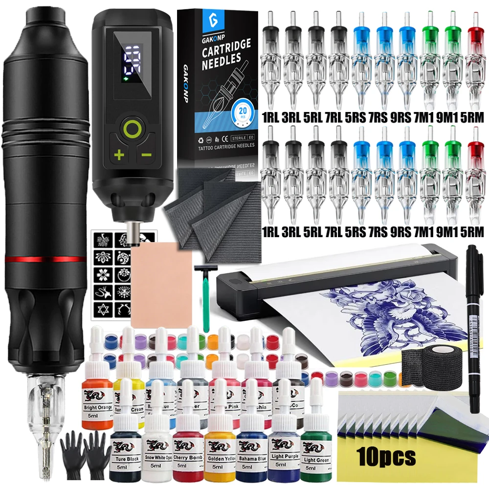 Wireless Tattoo Pen Machine Kit with Tattoo Transfer Machine 1200mAh Mini Battery Cartridge Needles Permanent Makeup Tattoo Kit
