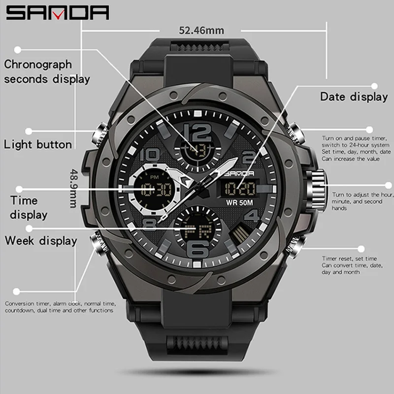 SANAD G-Style Military Men Watches Sport Wristwatch Quartz electronic Dual-display Watch Waterproof Man Clock relogio masculino