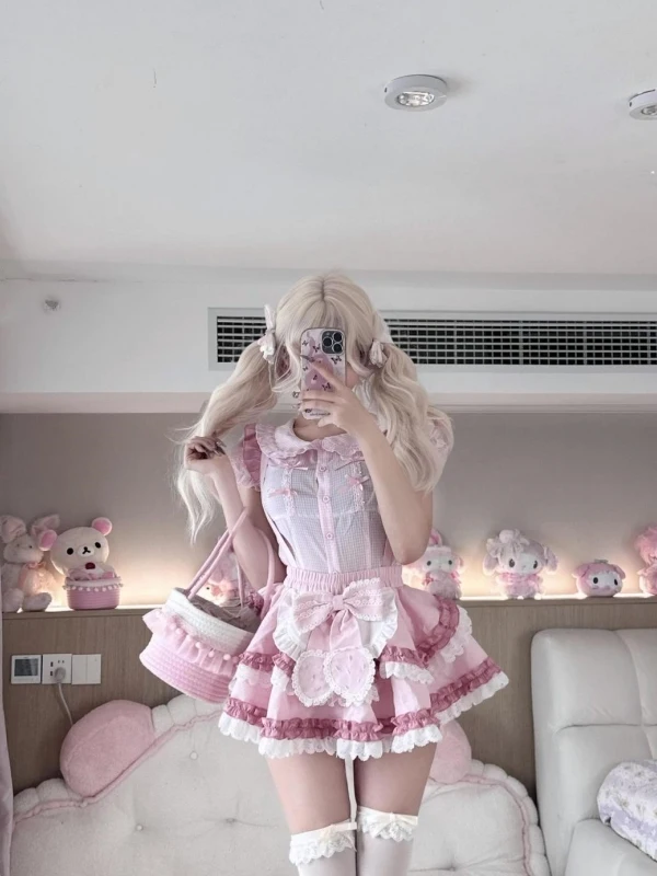 Princ Sle Bubble Sve 매듭 탑과 스커트 세트 달콤한 귀여운 소녀의 Faion 여름 복장 폴리 에스터 직물 지퍼...
