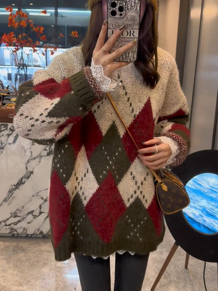 

Loose Cisas Sweater Diamond Pattern Retro Color Blo plus Size Women's Knitted Woolen Top Warm Comfortable Casual Sle