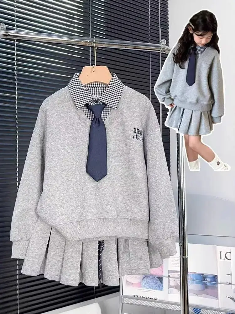 Girls' Autumn Preppy Style Hoodie Skirt Set Casual Fashionable Two-Piece Ensemble School Uniform Alternative Online Exclusive