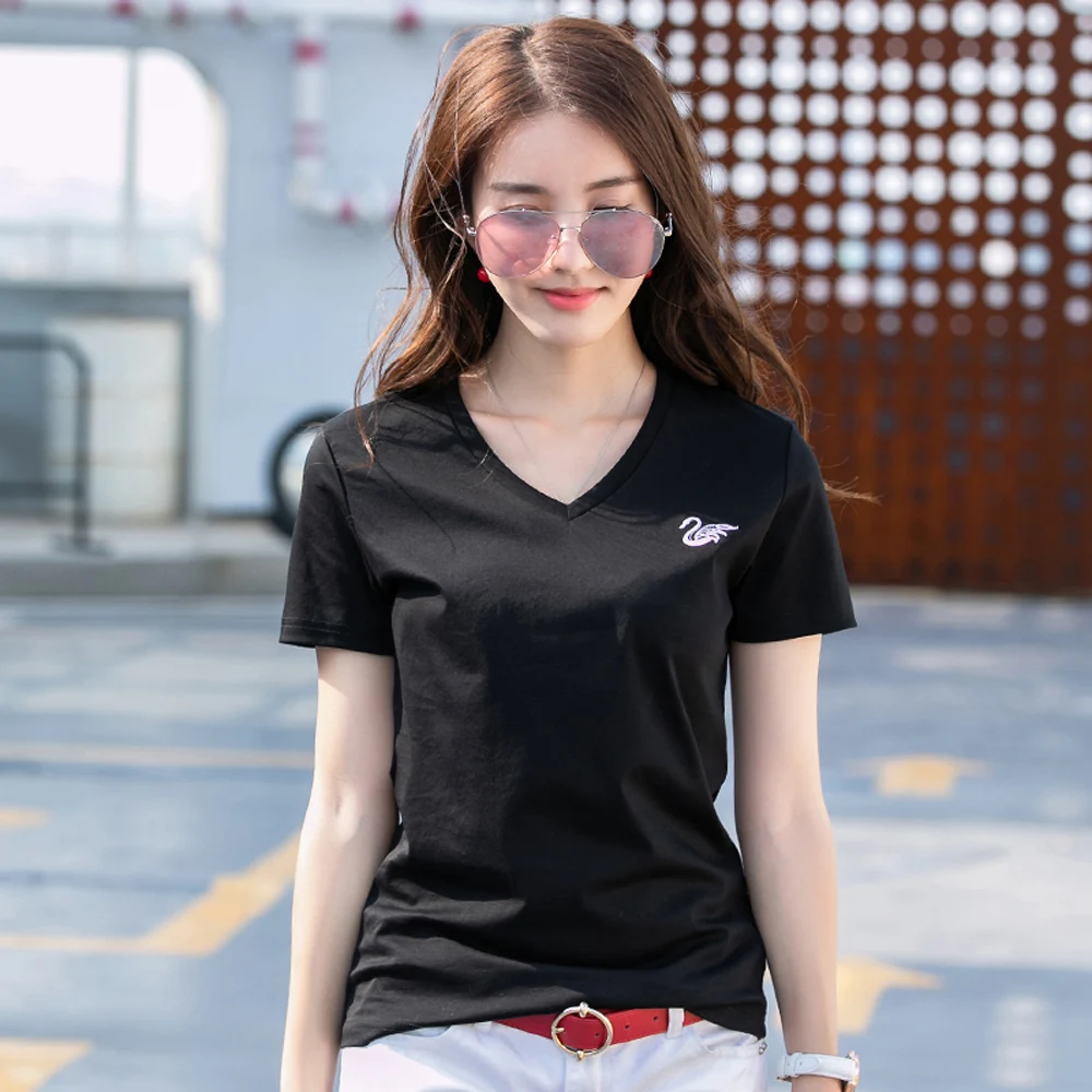 Silk cotton T-shirt women's 80 count double-sided pure cotton short sleeved versatile basic embroidered swan short sleeved shirt