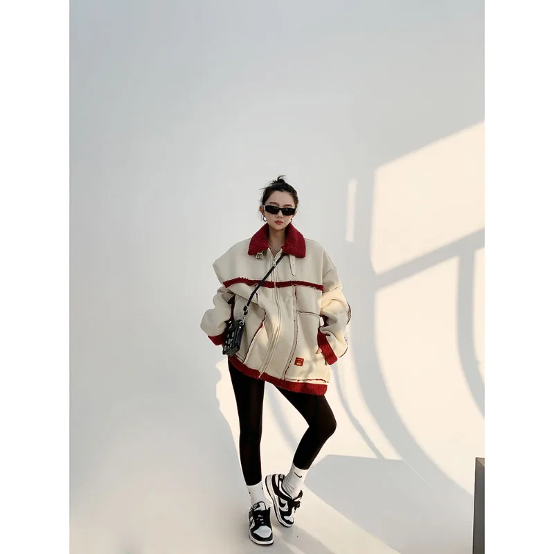 Fashion Design Sense Lamb Wool Coat Korean Style Lapel Splice Color Contrast Street Style Cotton Coat Winter New Thicken Jacket