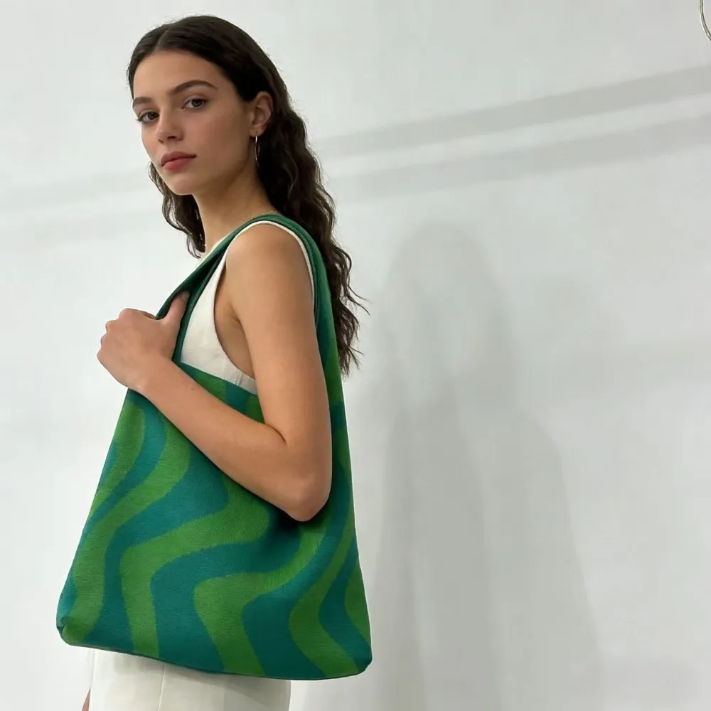 Geometric wave knitted women's handbags Fashionable orange-green striped design fixed shoulder straps for casual or formal occas