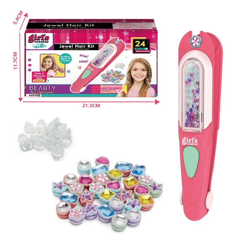 Kit de máquina de miçangas de pedras de cabelo com diamantes brilhantes reutilizáveis, fingir jogar, joias de cabelo para meninas, ferramentas de estilo de cabelo, brinquedos