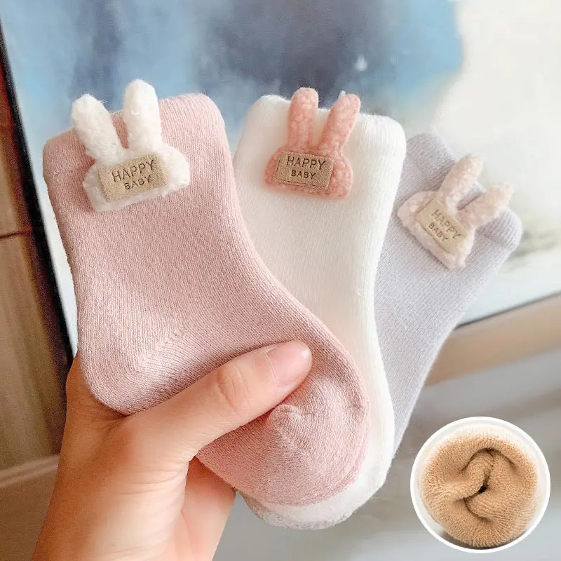 

3Pair Cute Warm Baby Socks Winter Thicken Plush Newborn Terry Socks Solid Color Cartoon Rabbit Bear Infant Mid Tube Socks Sox