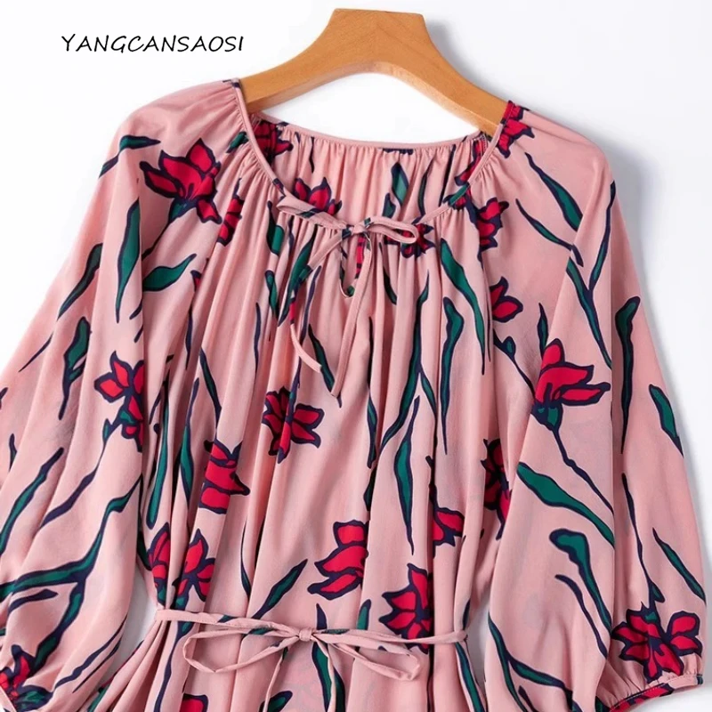 

Ladies' Fashion Romantic Pink Printed Round Neck 1.2M Skirt 93% Natural Mulberry Silk Elastic Double Crepe Dress
