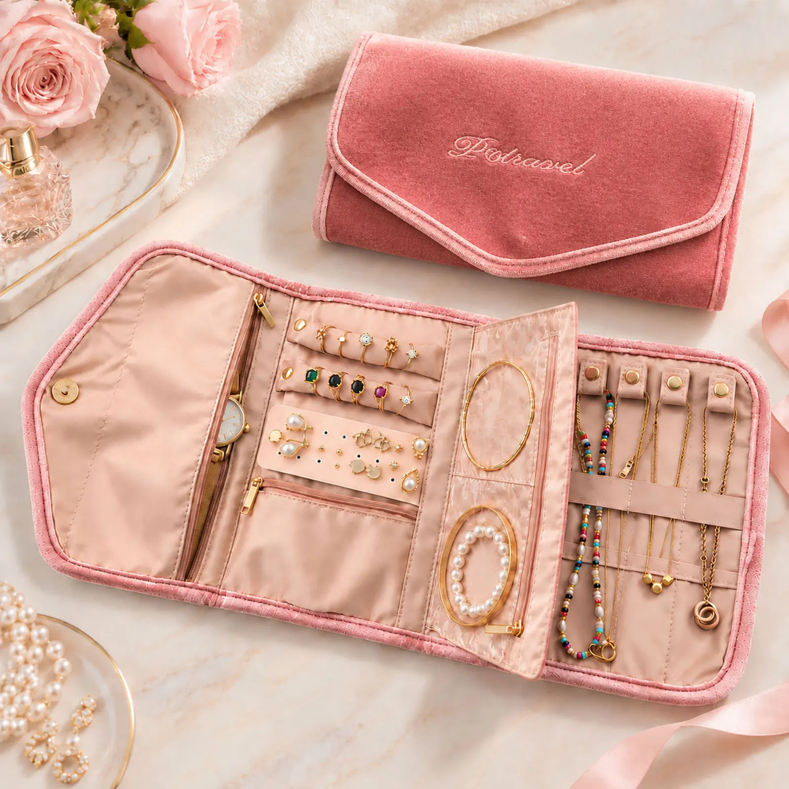 Portable Travel Jewelry Case: Lightweight Velvet Jewelry Organizer-Compact Yet Roomy Organizer for Tangle-free Necklace Earring Bracelet Ring - Stress-free Storage for Trips & Vacations
