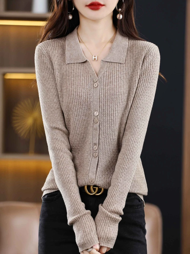 Women 100% Wool Slim Sweater Spring Autumn New Polo V-neck Twisted Flower Cardigan Fashion Casual Knitted Soft Jacket Tops